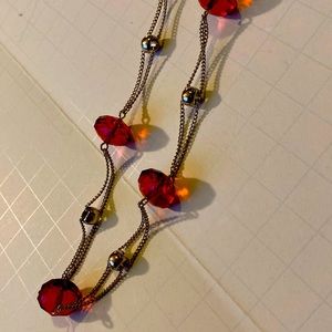 Long Silver Necklace with Red Accent Beads and Silver Beads